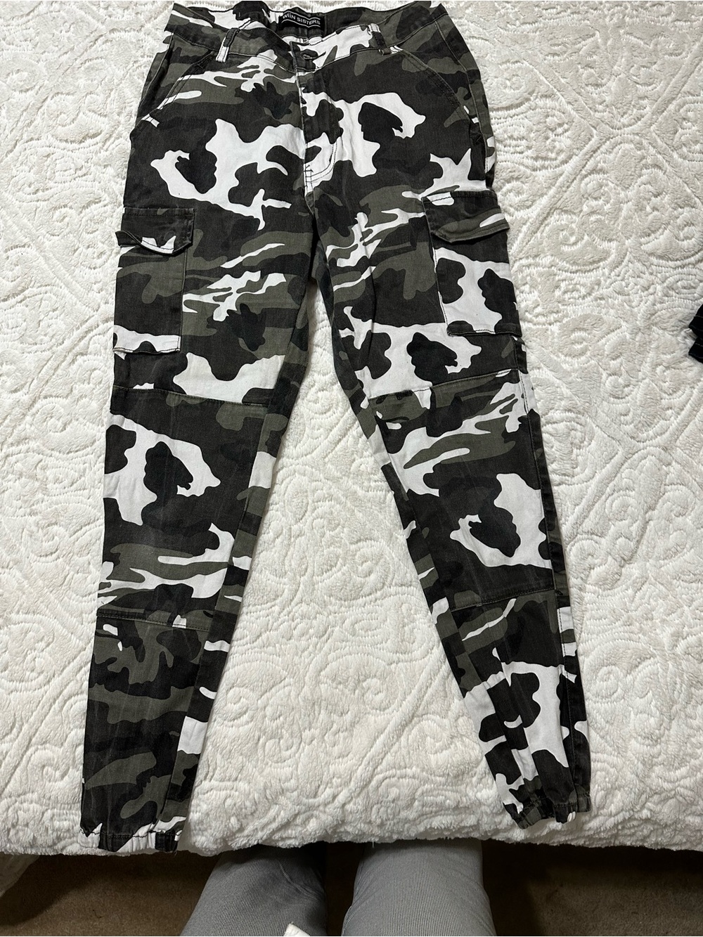 Camo Ankle Cargo Jeans in Black & White